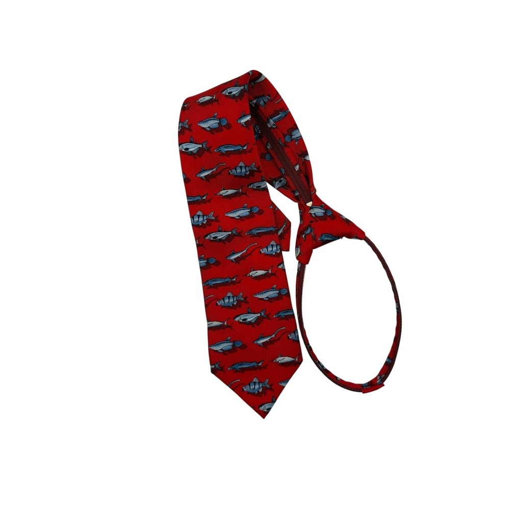 Talbots Kids Boys Red Fish Pattern Zipper Necktie Novelty Aquatic Print Tie